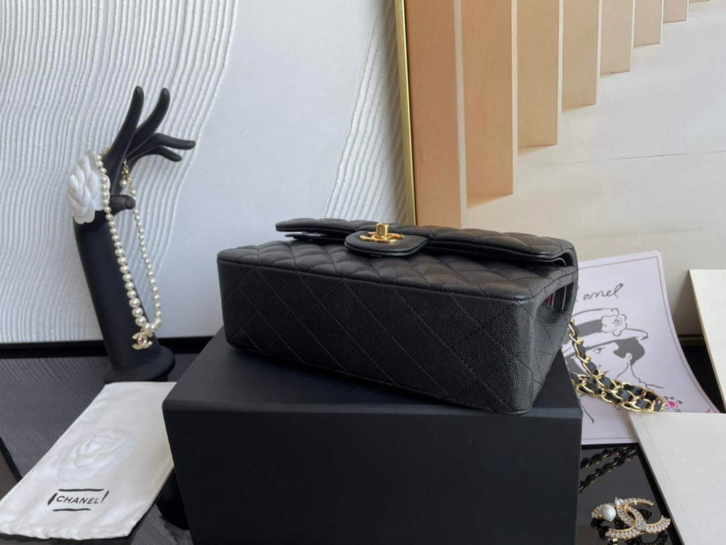 Chanel  A01113 Small Classic Handbag Grained Shiny Calfskin Black Gold