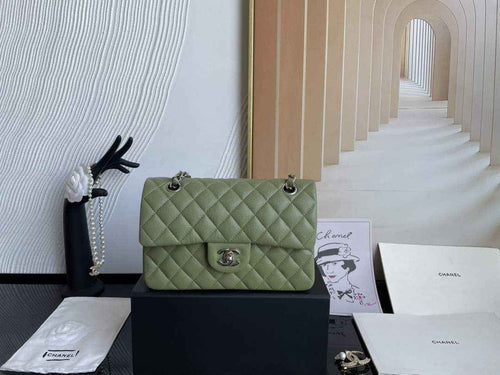 Chanel  A01113 Small Classic Handbag Grained Shiny Calfskin Army green Silver