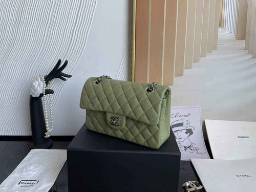 Chanel  A01113 Small Classic Handbag Grained Shiny Calfskin Army green Silver