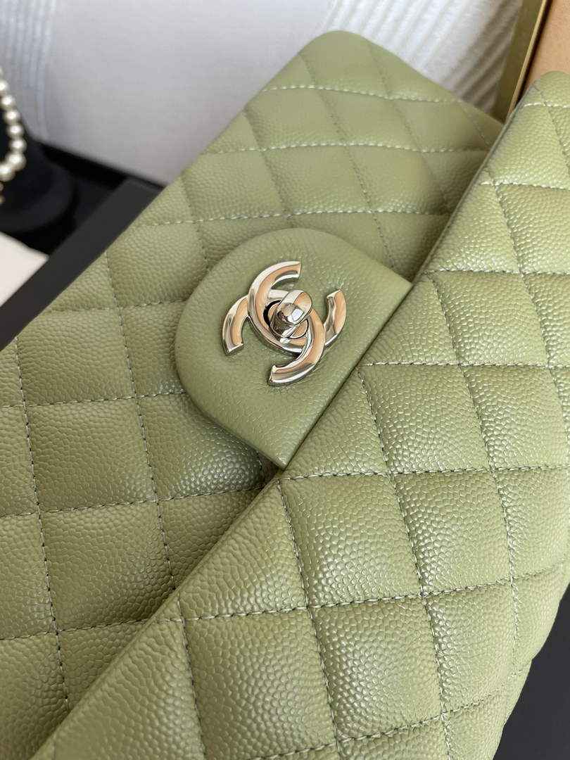 Chanel  A01113 Small Classic Handbag Grained Shiny Calfskin Army green Silver