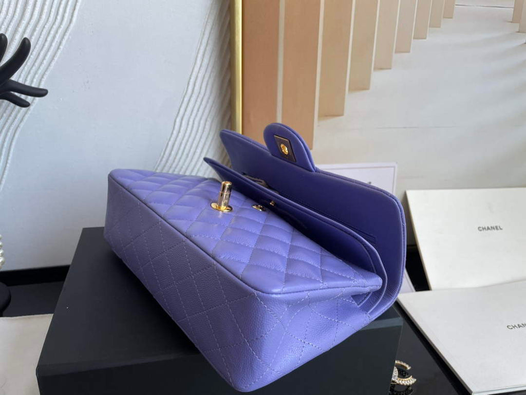Chanel  A01113 Small Classic Handbag Grained Shiny Calfskin Purple Gold