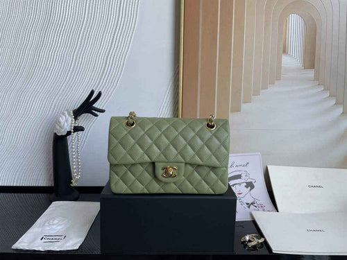 Chanel  A01113 Small Classic Handbag Grained Shiny Calfskin Army green Gold