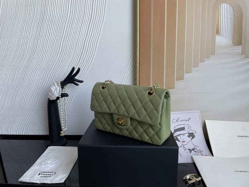 Chanel  A01113 Small Classic Handbag Grained Shiny Calfskin Army green Gold
