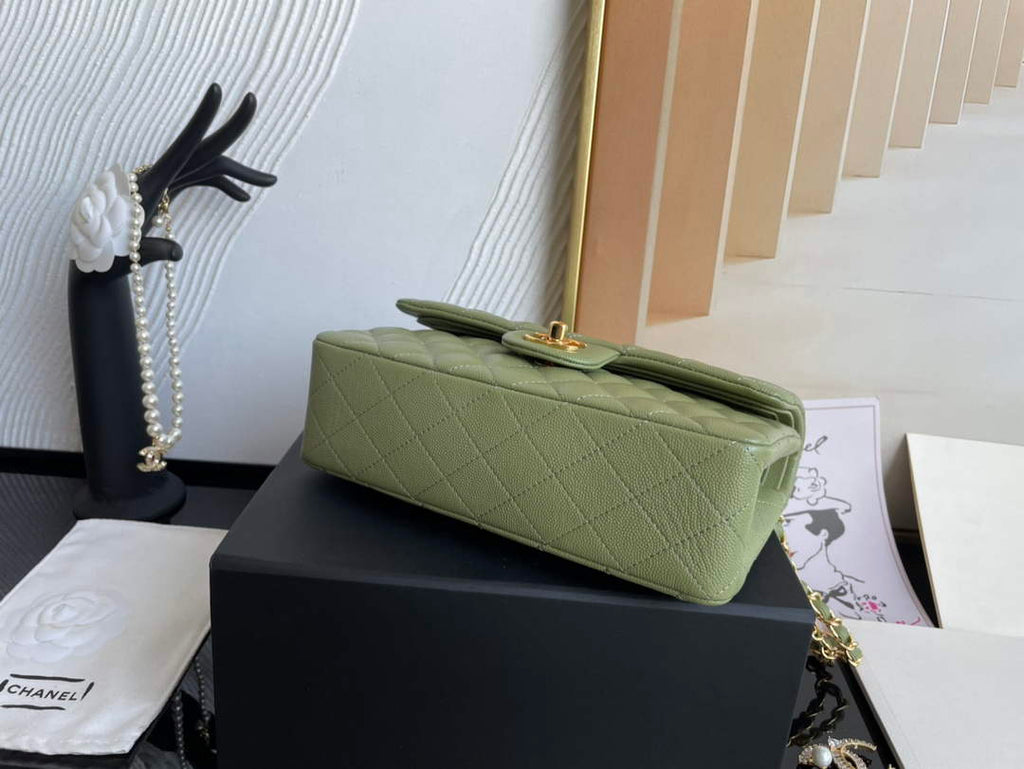 Chanel  A01113 Small Classic Handbag Grained Shiny Calfskin Army green Gold