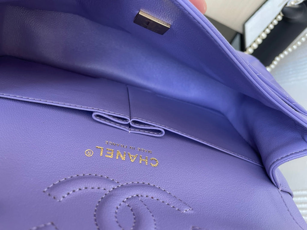 Chanel  A01113 Small Classic Handbag Grained Shiny Calfskin Purple Gold