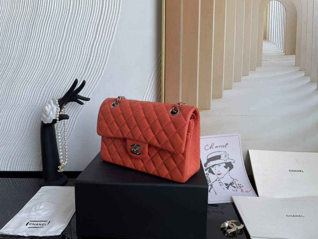 Chanel  A01113 Small Classic Handbag Grained Shiny Calfskin Orange Silver