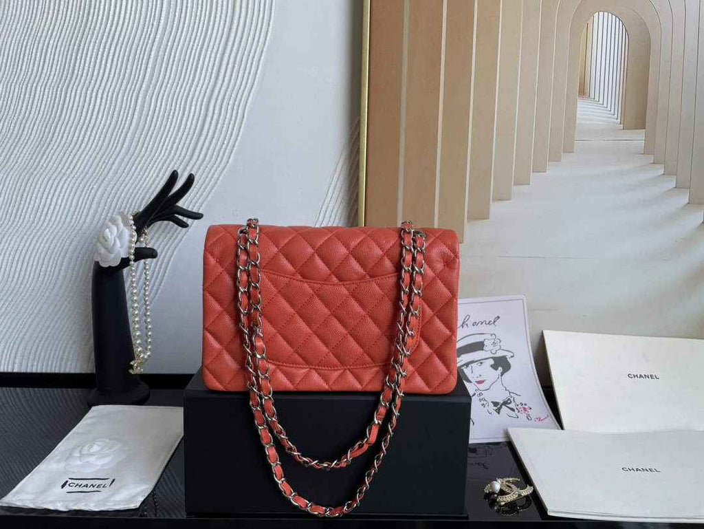 Chanel  A01113 Small Classic Handbag Grained Shiny Calfskin Orange Silver