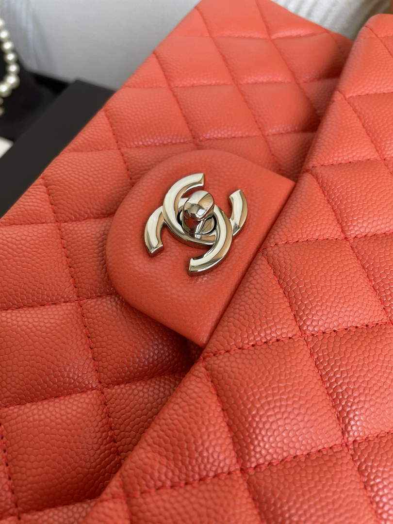 Chanel  A01113 Small Classic Handbag Grained Shiny Calfskin Orange Silver