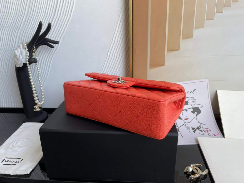 Chanel  A01113 Small Classic Handbag Grained Shiny Calfskin Orange Silver