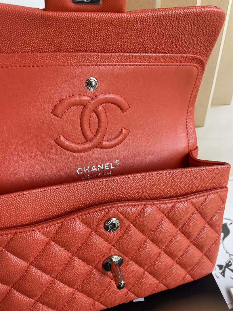 Chanel  A01113 Small Classic Handbag Grained Shiny Calfskin Orange Silver