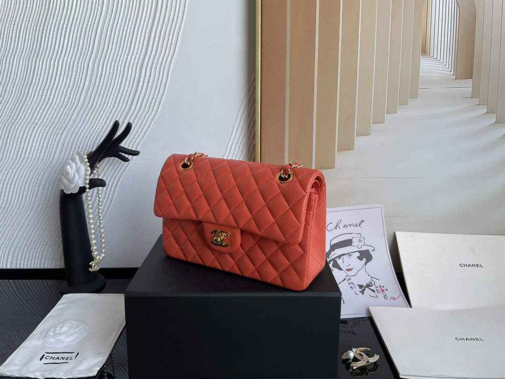 Chanel  A01113 Small Classic Handbag Grained Shiny Calfskin Orange Gold