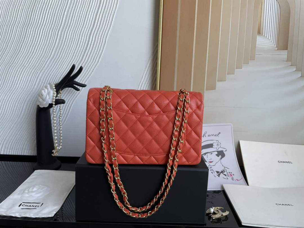 Chanel  A01113 Small Classic Handbag Grained Shiny Calfskin Orange Gold