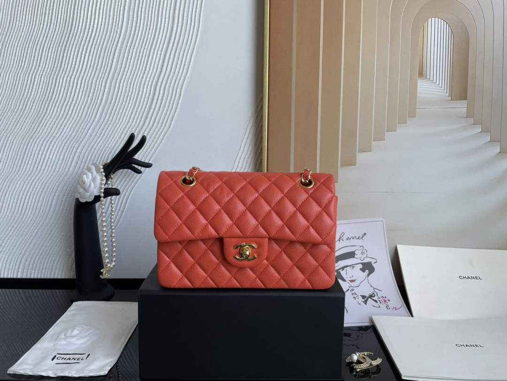 Chanel  A01113 Small Classic Handbag Grained Shiny Calfskin Orange Gold