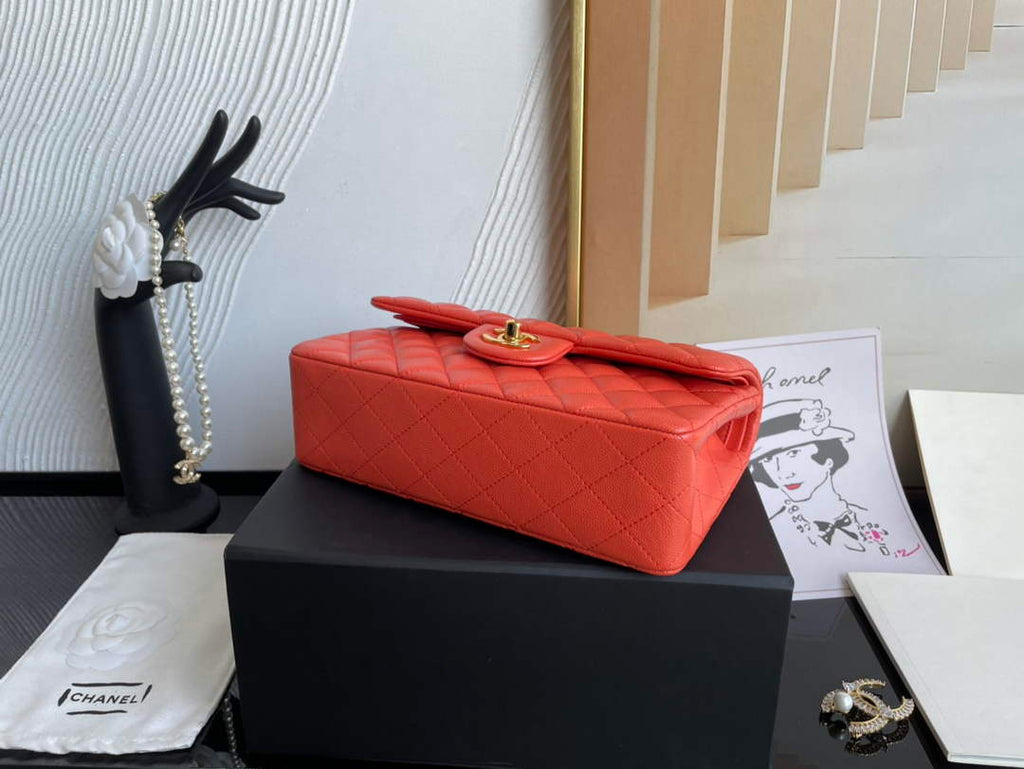 Chanel  A01113 Small Classic Handbag Grained Shiny Calfskin Orange Gold