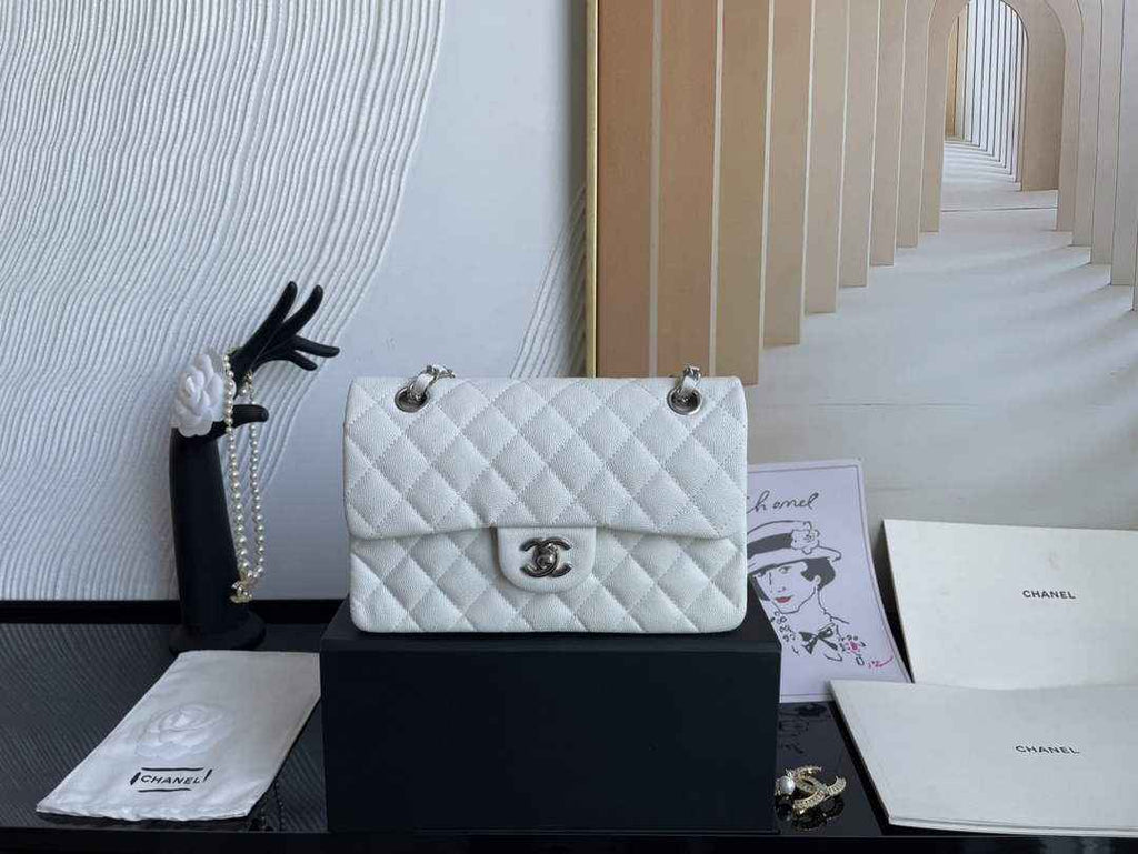 Chanel  A01113 Small Classic Handbag Grained Shiny Calfskin White Silver