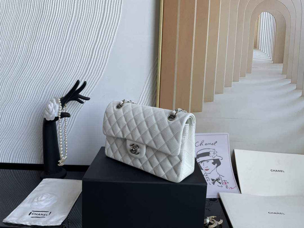 Chanel  A01113 Small Classic Handbag Grained Shiny Calfskin White Silver