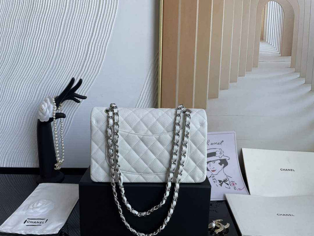 Chanel  A01113 Small Classic Handbag Grained Shiny Calfskin White Silver
