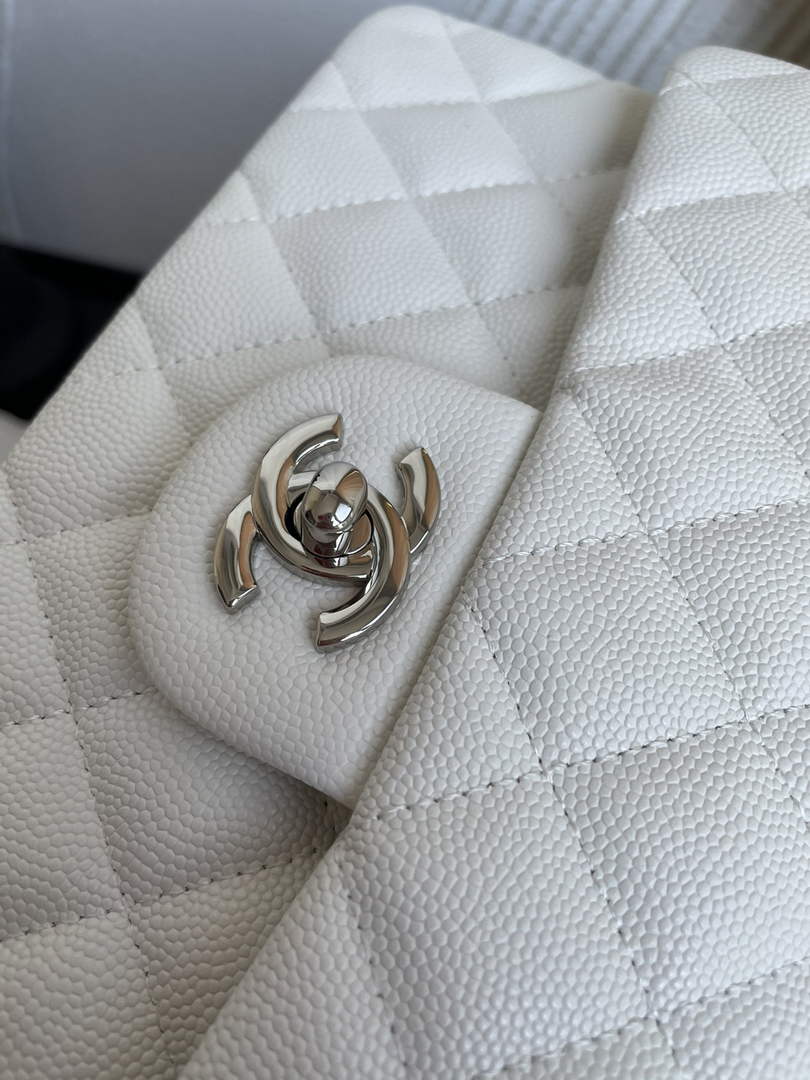 Chanel  A01113 Small Classic Handbag Grained Shiny Calfskin White Silver