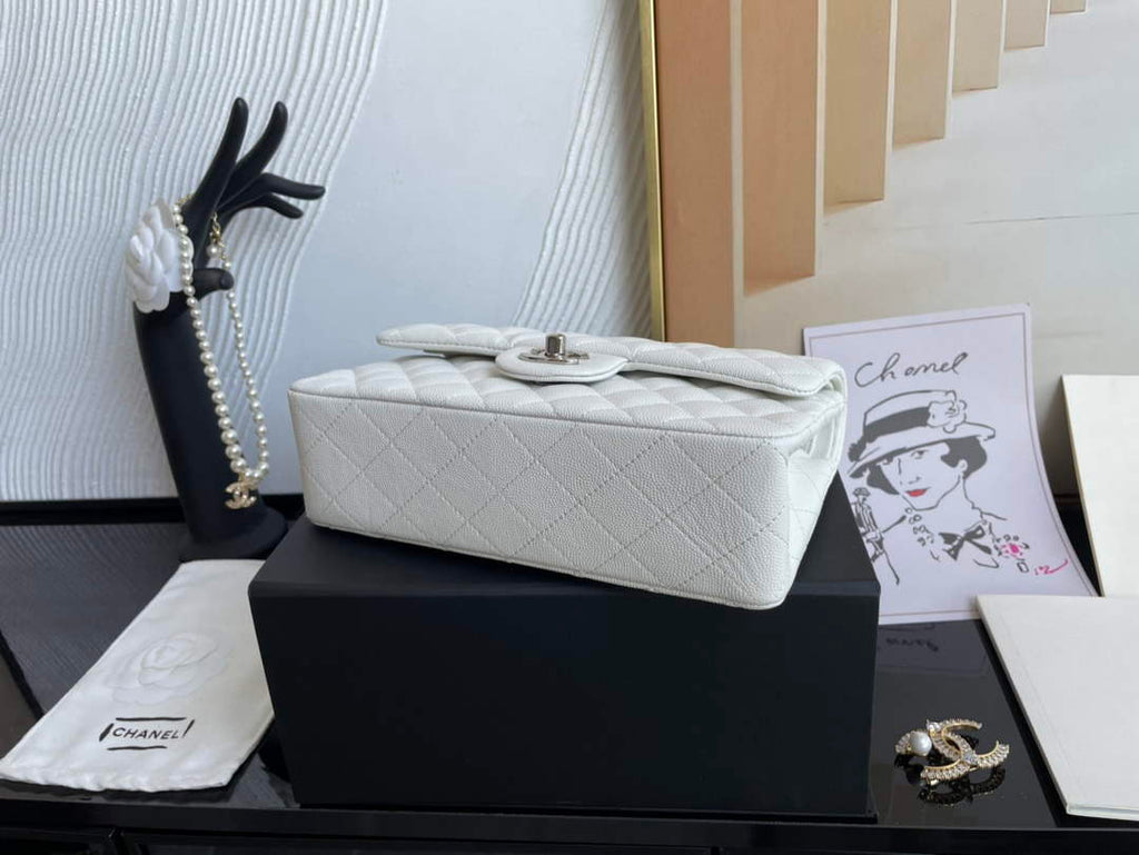 Chanel  A01113 Small Classic Handbag Grained Shiny Calfskin White Silver