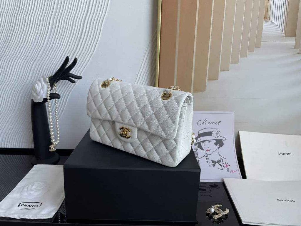 Chanel  A01113 Small Classic Handbag Grained Shiny Calfskin White Gold