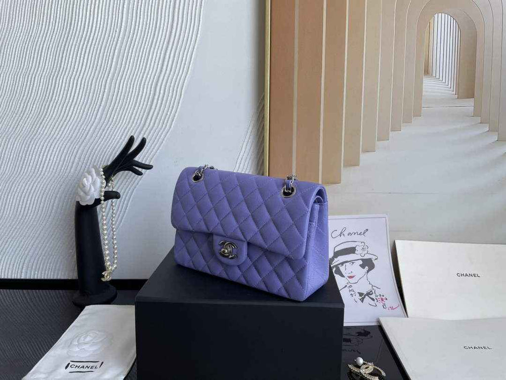 Chanel  A01113 Small Classic Handbag Grained Shiny Calfskin Purple Silver