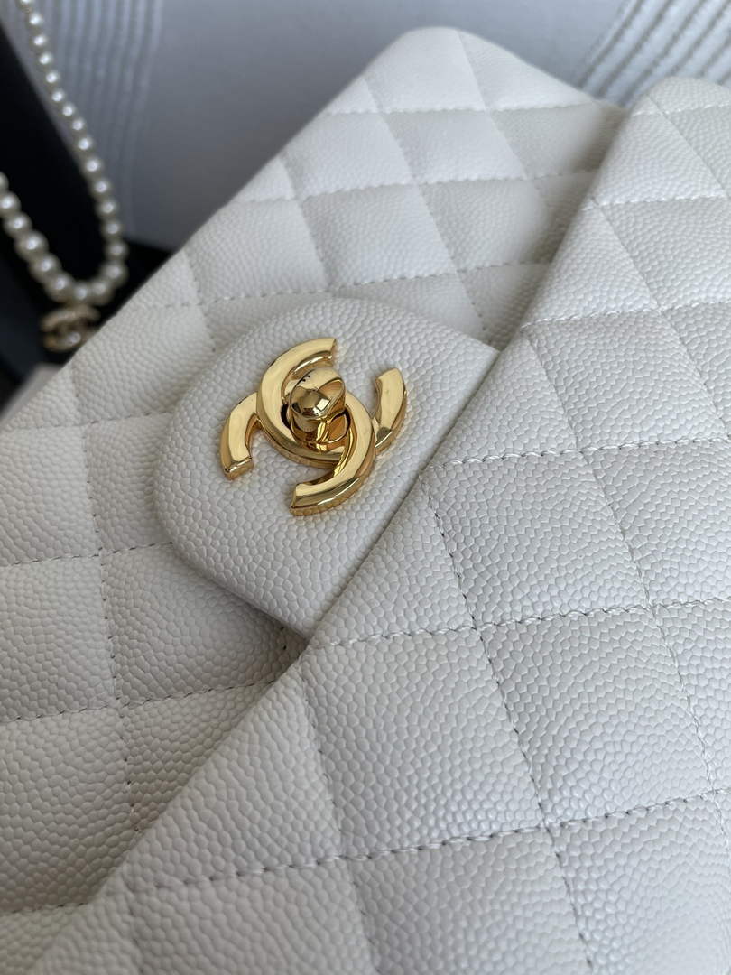 Chanel  A01113 Small Classic Handbag Grained Shiny Calfskin White Gold