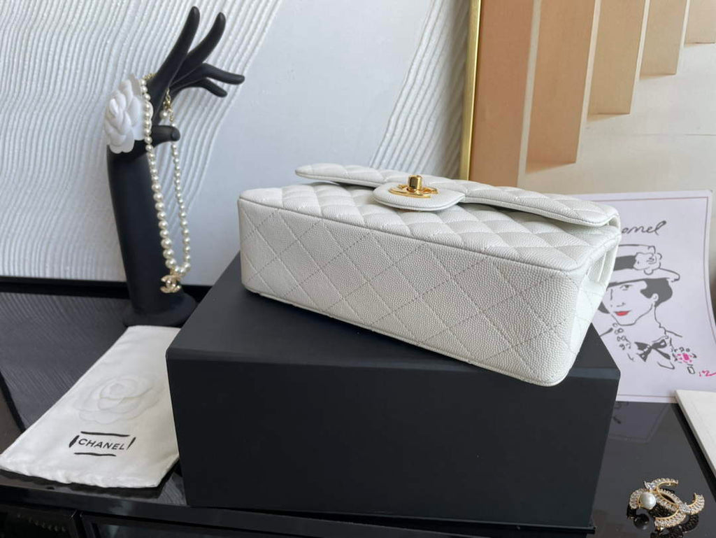 Chanel  A01113 Small Classic Handbag Grained Shiny Calfskin White Gold