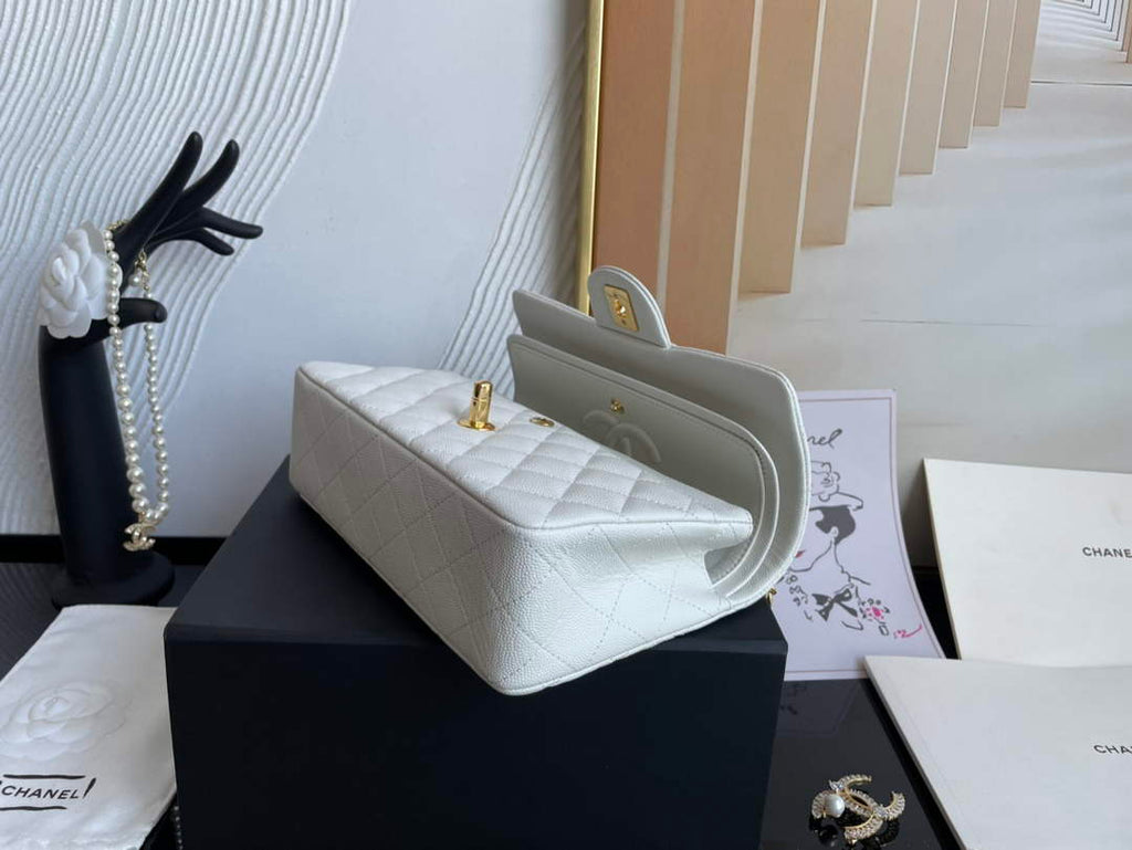 Chanel  A01113 Small Classic Handbag Grained Shiny Calfskin White Gold