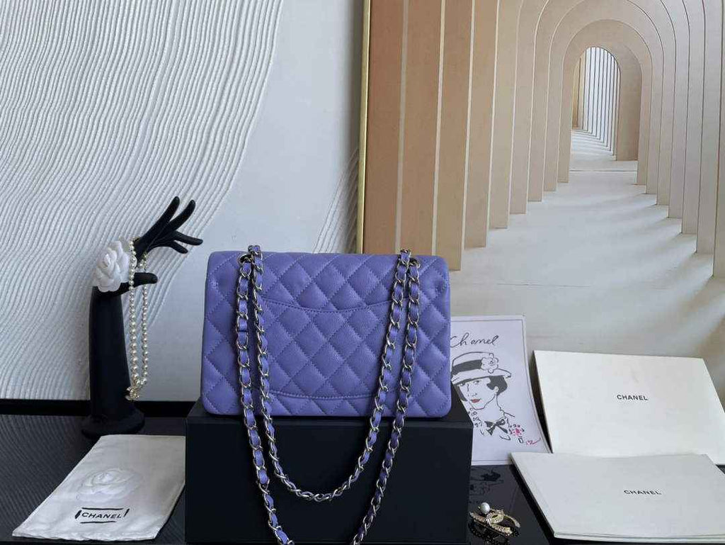 Chanel  A01113 Small Classic Handbag Grained Shiny Calfskin Purple Silver