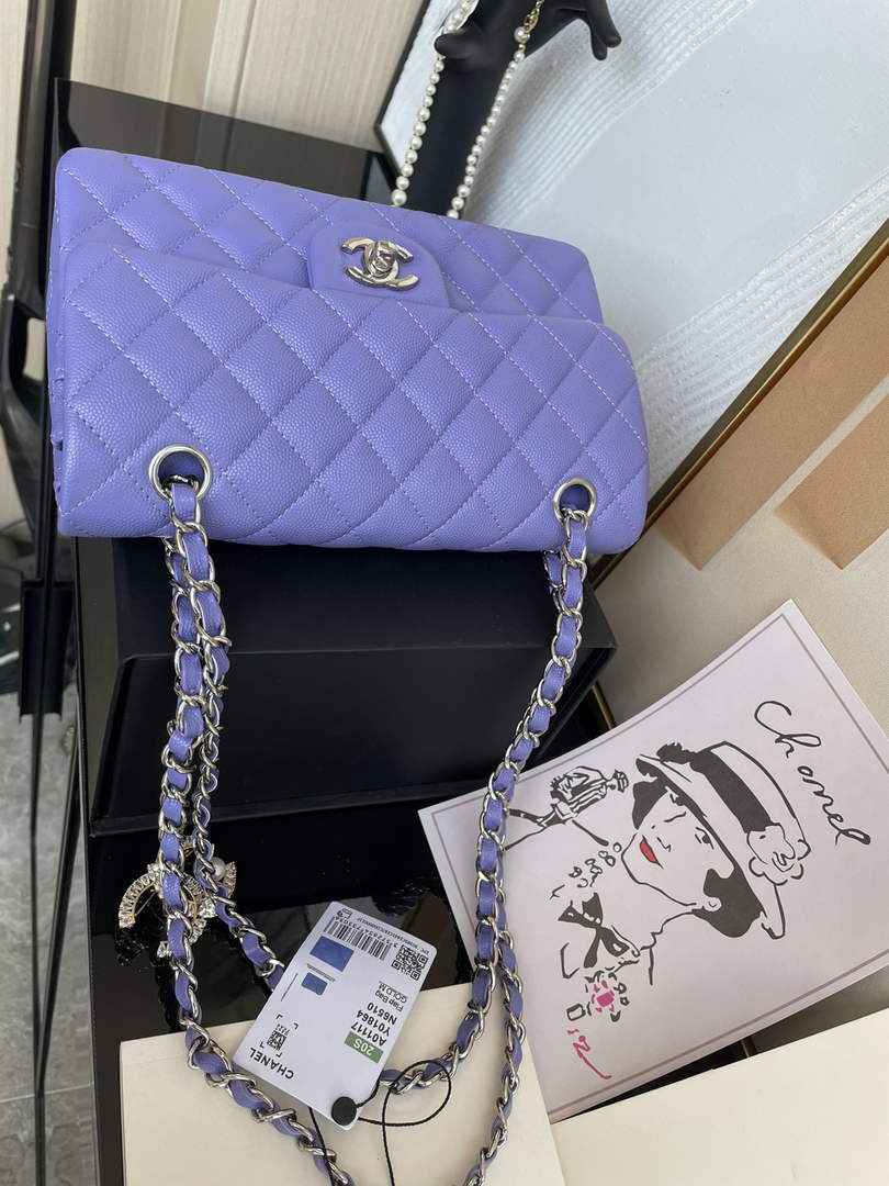 Chanel  A01113 Small Classic Handbag Grained Shiny Calfskin Purple Silver