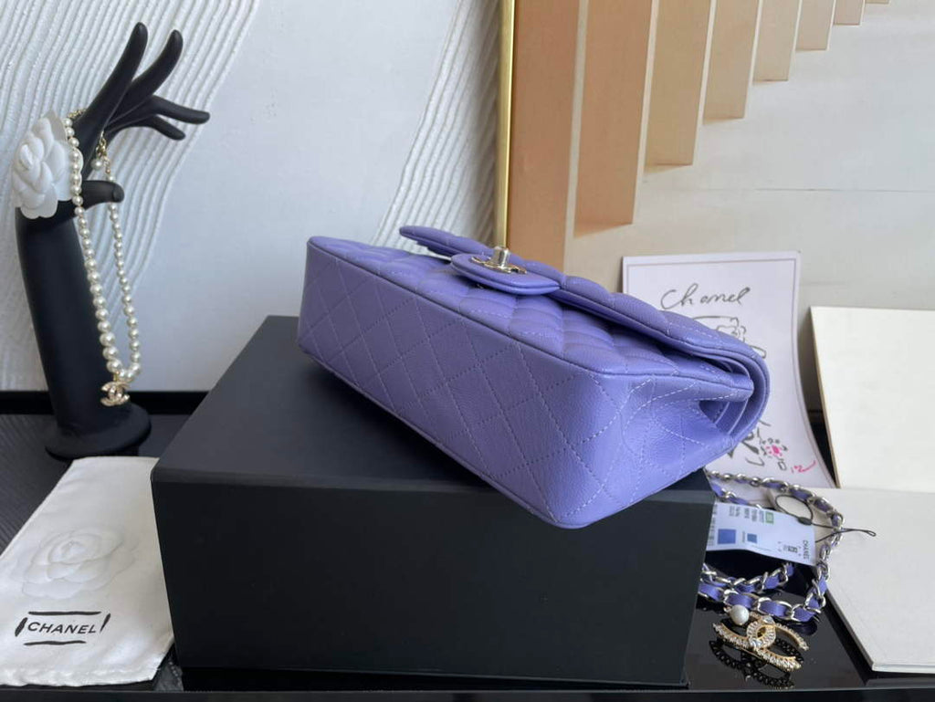 Chanel  A01113 Small Classic Handbag Grained Shiny Calfskin Purple Silver