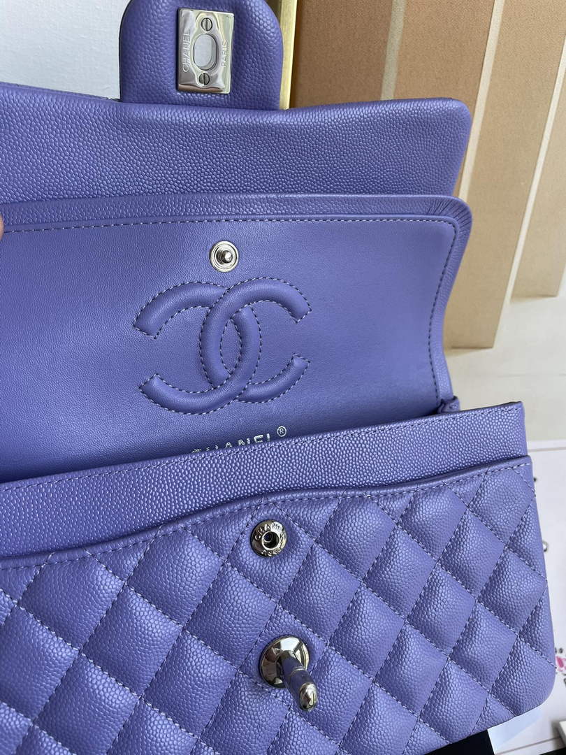 Chanel  A01113 Small Classic Handbag Grained Shiny Calfskin Purple Silver