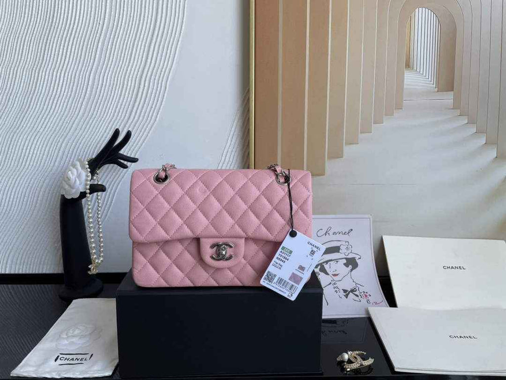 Chanel  A01113 Small Classic Handbag Grained Shiny Calfskin Pink Silver