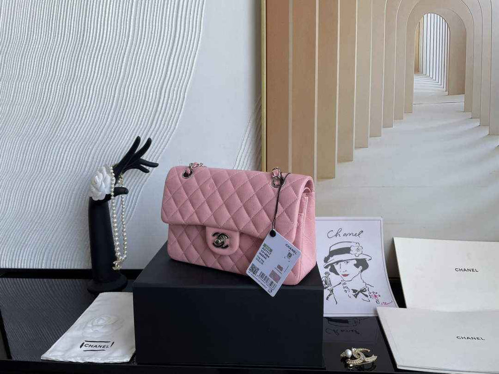 Chanel  A01113 Small Classic Handbag Grained Shiny Calfskin Pink Silver