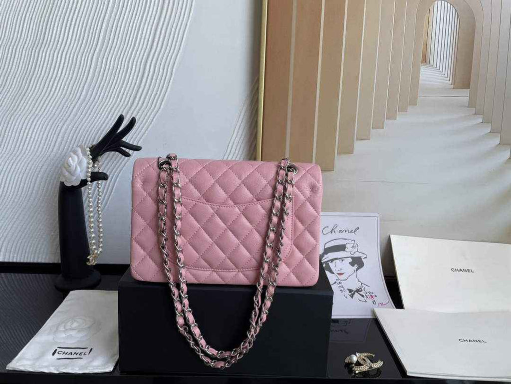 Chanel  A01113 Small Classic Handbag Grained Shiny Calfskin Pink Silver