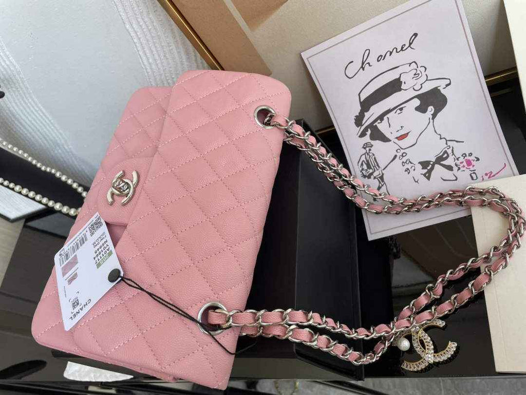 Chanel  A01113 Small Classic Handbag Grained Shiny Calfskin Pink Silver