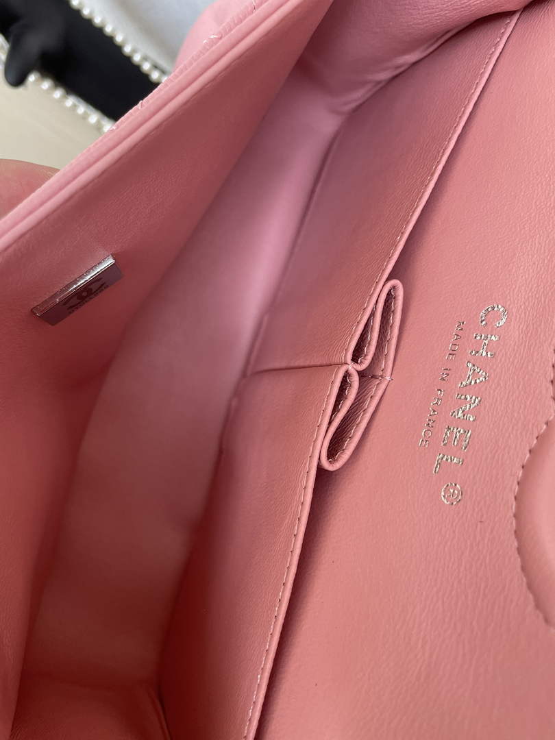 Chanel  A01113 Small Classic Handbag Grained Shiny Calfskin Pink Silver