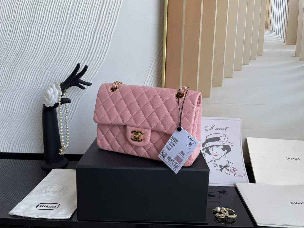 Chanel  A01113 Small Classic Handbag Grained Shiny Calfskin Pink Gold