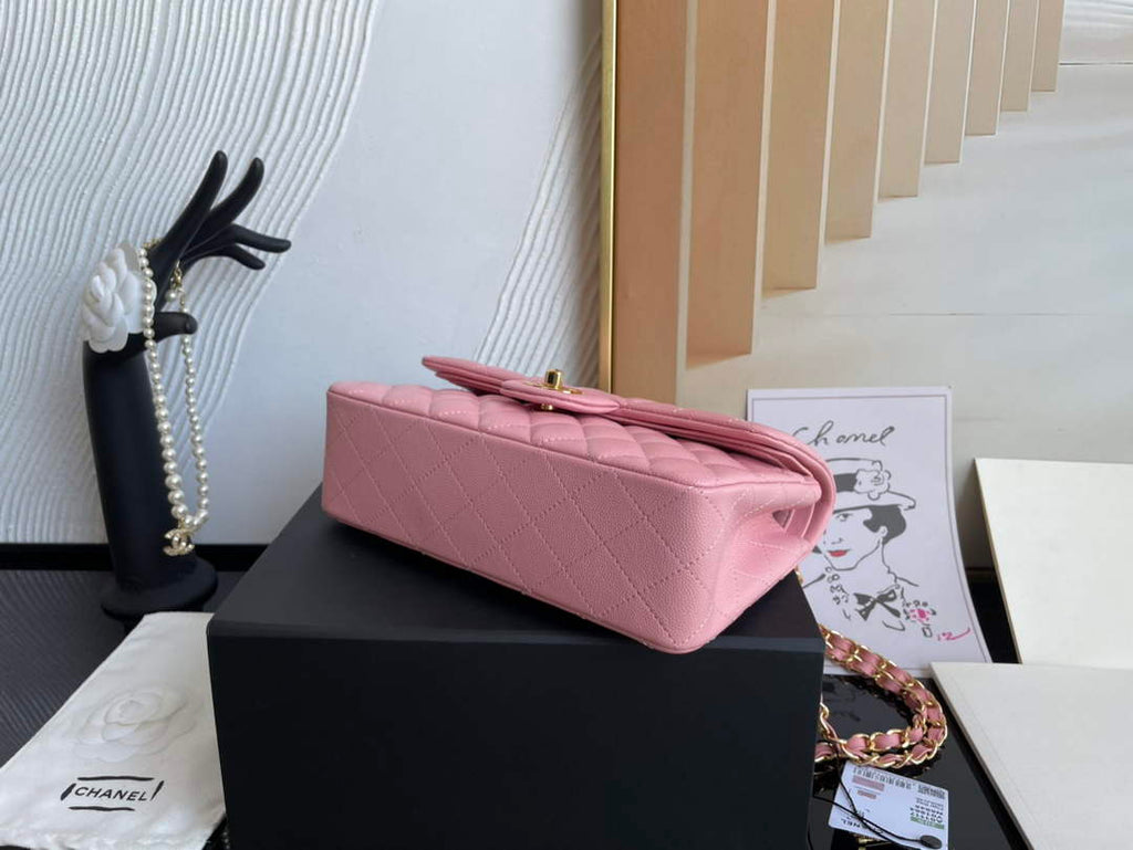Chanel  A01113 Small Classic Handbag Grained Shiny Calfskin Pink Gold