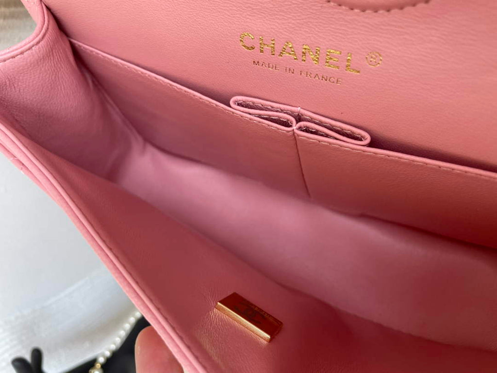 Chanel  A01113 Small Classic Handbag Grained Shiny Calfskin Pink Gold