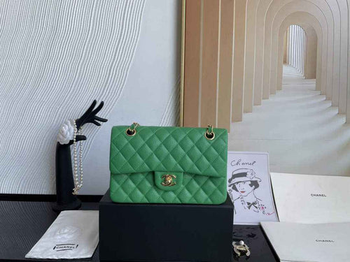 Chanel  A01113 Small Classic Handbag Grained Shiny Calfskin Green Gold