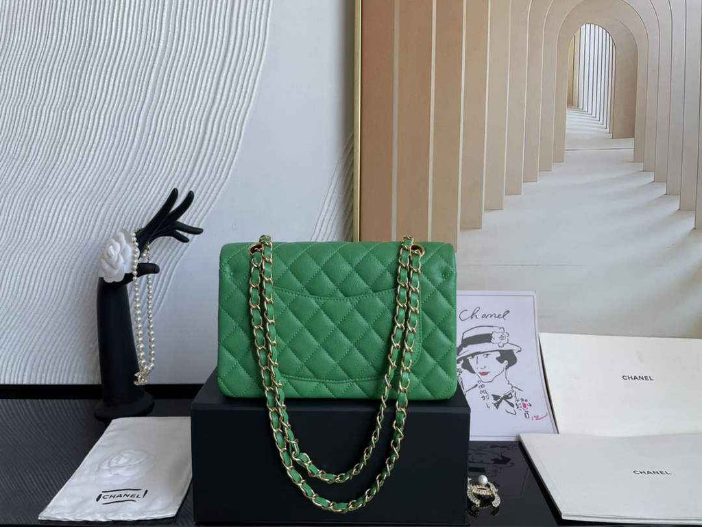 Chanel  A01113 Small Classic Handbag Grained Shiny Calfskin Green Gold