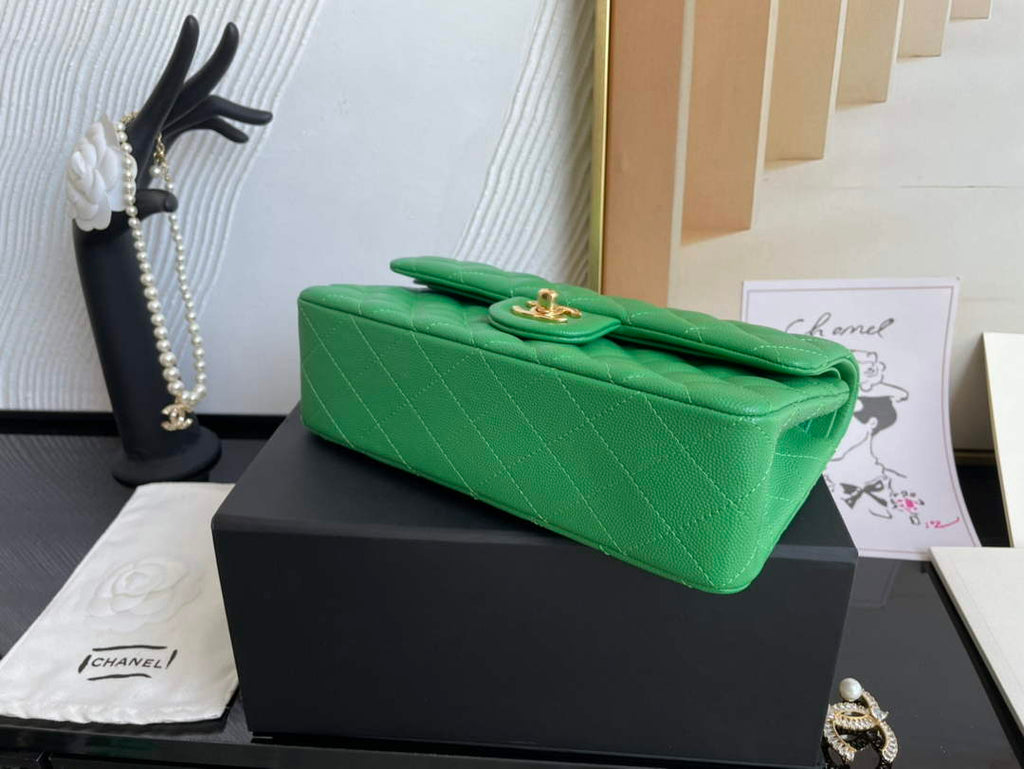 Chanel  A01113 Small Classic Handbag Grained Shiny Calfskin Green Gold