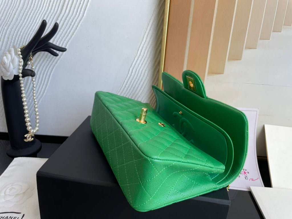 Chanel  A01113 Small Classic Handbag Grained Shiny Calfskin Green Gold