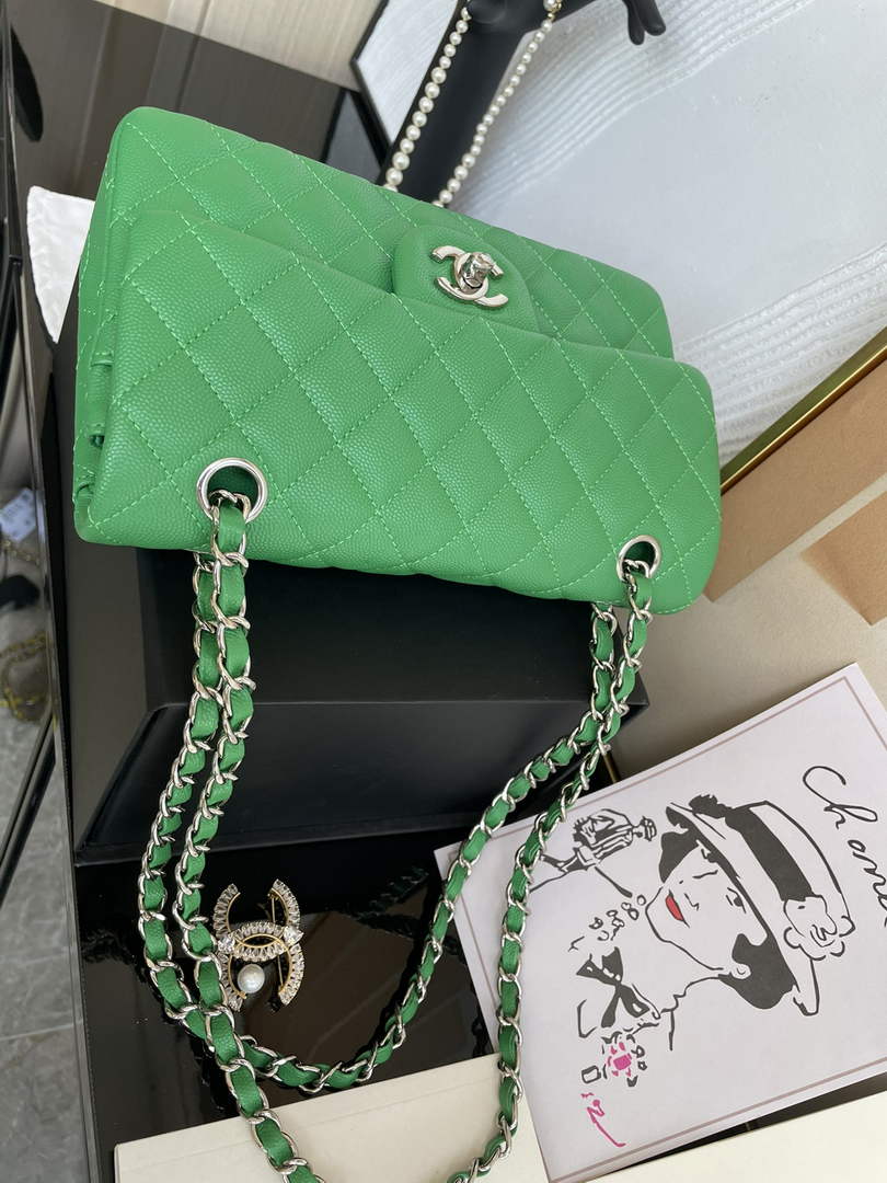 Chanel  A01113 Small Classic Handbag Grained Shiny Calfskin Green Silver