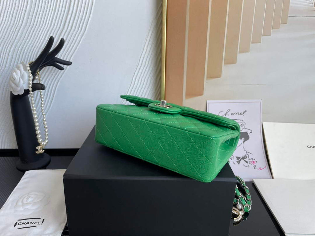 Chanel  A01113 Small Classic Handbag Grained Shiny Calfskin Green Silver