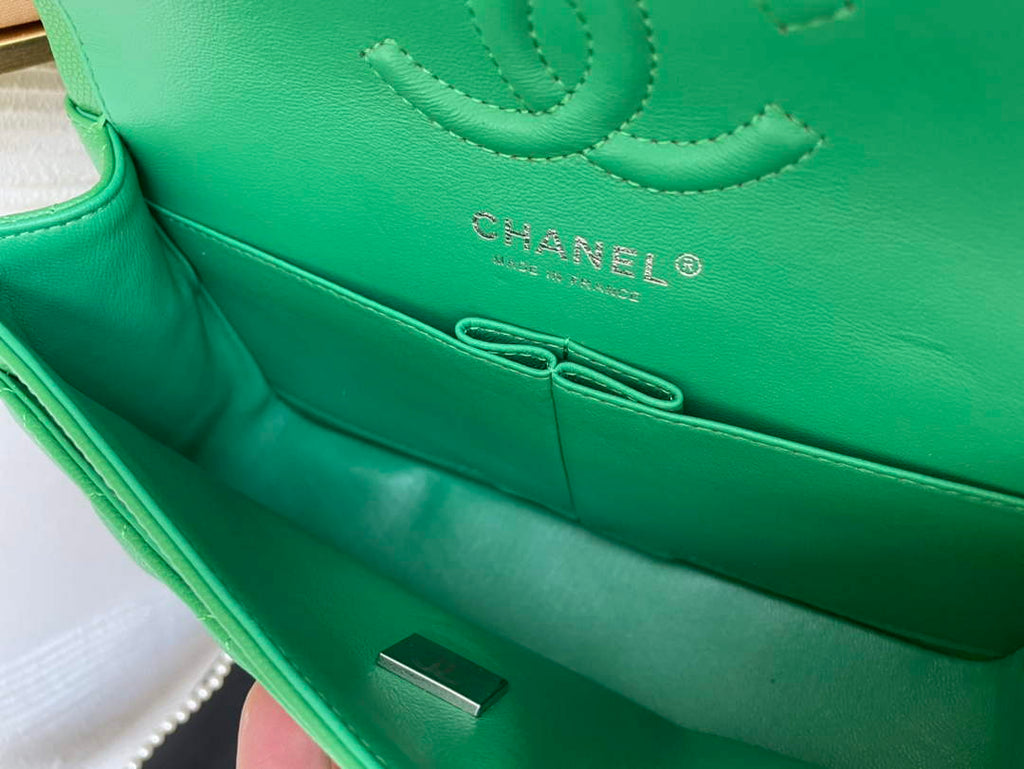 Chanel  A01113 Small Classic Handbag Grained Shiny Calfskin Green Silver