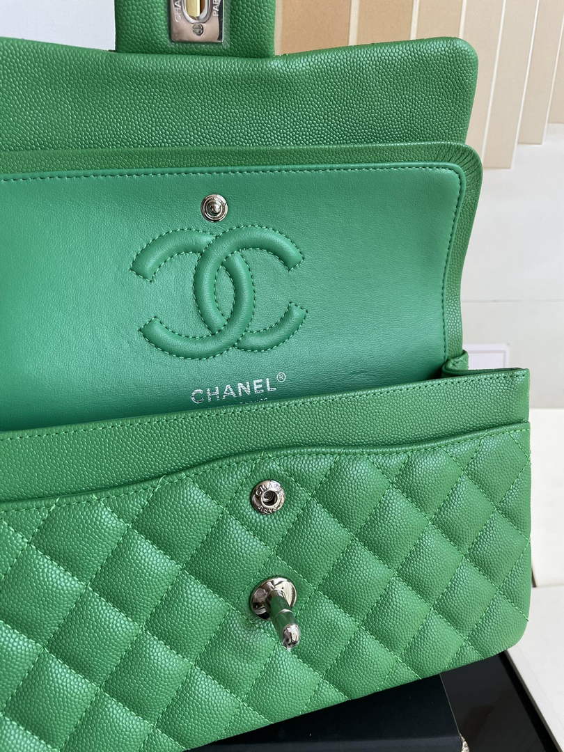 Chanel  A01113 Small Classic Handbag Grained Shiny Calfskin Green Silver