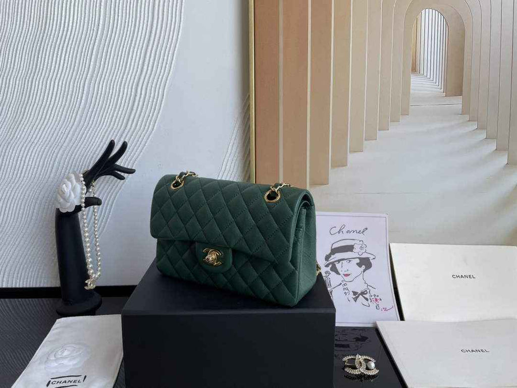 Chanel  A01113 Small Classic Handbag Grained Shiny Calfskin Dark Green Gold