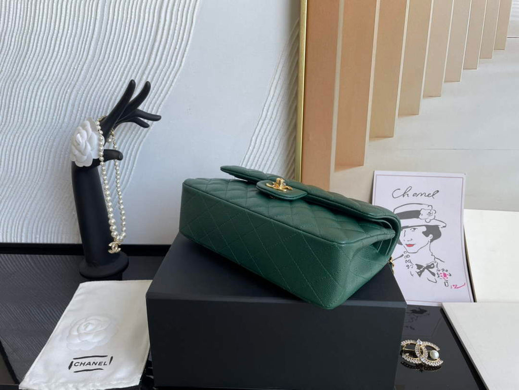 Chanel  A01113 Small Classic Handbag Grained Shiny Calfskin Dark Green Gold